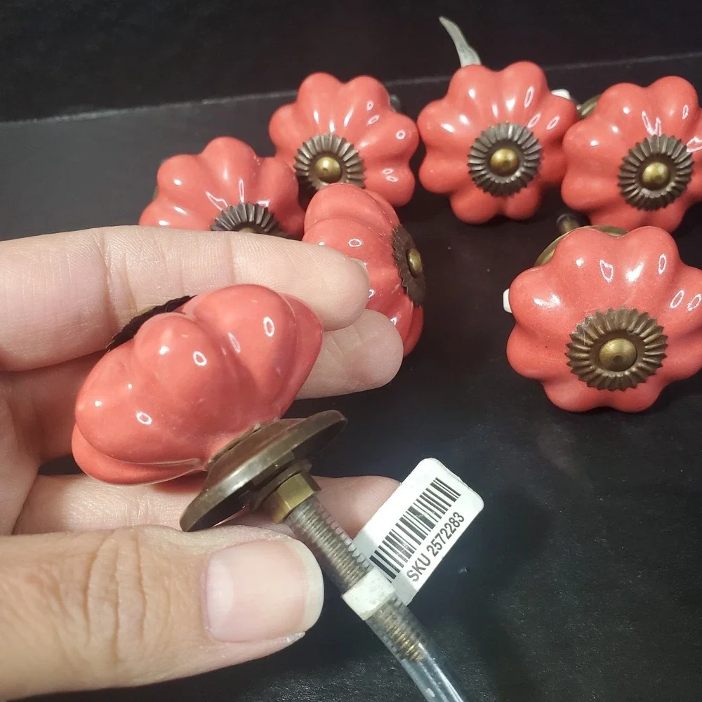 Pier 1 Pumpkin /Flower Shape Ceramic Cabinet Knobs (7) Drawer Pulls Melon Brass